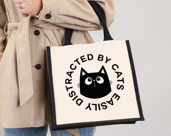 Easily Distracted By Cats Large Handbag Tote Bag Gift Idea For Any Cat Lovers | Cat Lady Bag