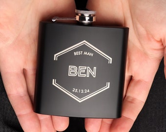 Personalised Groomsmen Gifts Matte Black 6oz Hip Flasks, Toast the big day with the Groomsmen