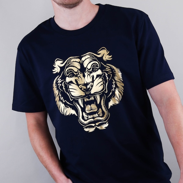 Golden Tiger Men's Fashion Navy & Gold T-Shirt Top Gift Idea For Him