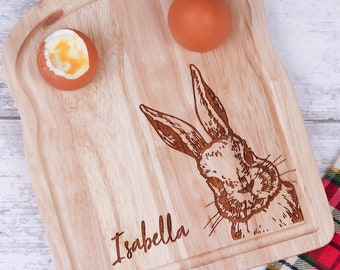 Personalised Dippy Egg and Soldiers Breakfast Board With a Bunny Design Making Breakfast Time Fun For Kids.