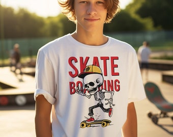 T-shirt Skeleton Skater Adventure T-shirt en coton bio pour l'été avec un slogan de skateboard