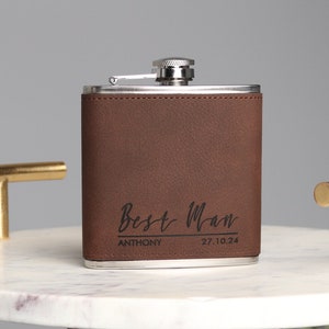 Groomsmen | Best Man | Usher | Groom Gift Ideas | Personalised Brown PU Leather 6oz Hip Flasks | Wedding Planning