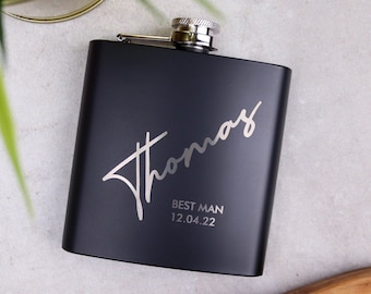 Personalised Hip flask Groomsmen, Best Man, Usher, Groom Gift Matte Black 6oz Hip Flasks. OMG10-HIPBLK