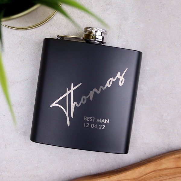 Personalised Hip flask Groomsmen, Best Man, Usher, Groom Gift Matte Black 6oz Hip Flasks. OMG10-HIPBLK