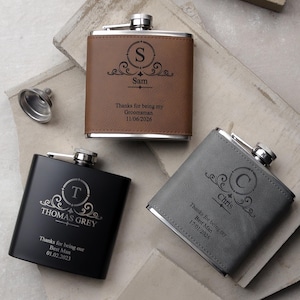 Groomsman Gift Best Man, Groom, Usher Ideas Personalised Grey PU Leather 6oz Hip Flask