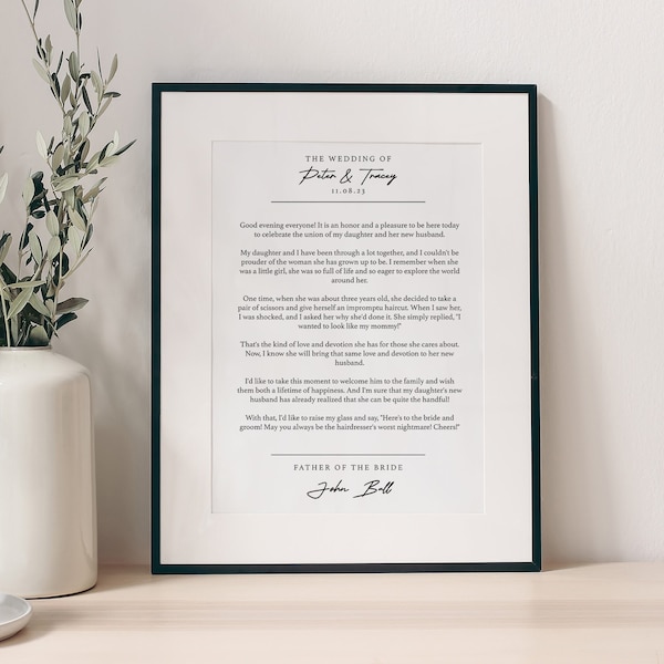 Wedding Speech Print, Father of the Bride Speech, Groom Speech, Wedding Reading Print, Paper Anniversary Gift, A3, A4, Our First Anniversary