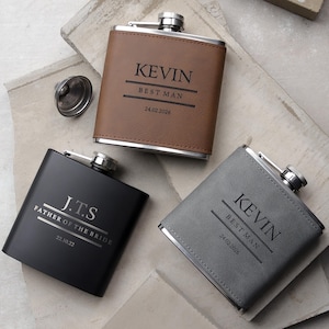 Personalised Grey, Brown, Black Hip Flask - Groomsmen, Best Man, Usher Gift for Wedding Party