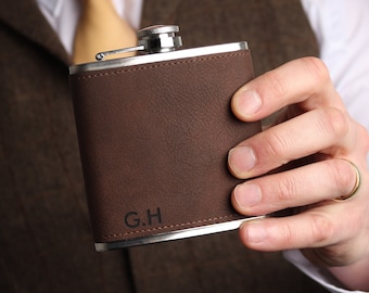 Groomsmen Best Man Usher Groom Gift Ideas Personalised Brown PU Leather 6oz Hip Flasks | Perfect For The Big Day.