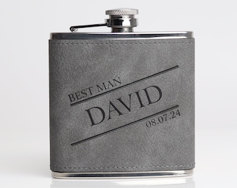 Groomsman Gift, Groom, Best Man, Usher Gift Ideas Uniquely Yours Personalised Grey PU Leather 6oz Hip Flask | Grooms Party Gifts