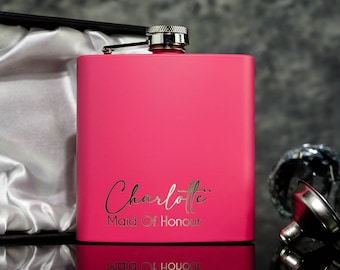 MAID of HONOUR Bridesmaid BRIDAL Party Gifts Personalised Pink 6oz Hip Flasks.