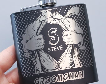 COMIC Book Themed Groomsmen Best Man Gifts 6oz Personalised Matte Black Hip Flask.