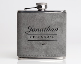 Groomsmen Best Man Usher Groom Gift Personalised Grey PU Leather 6oz Hip Flask.