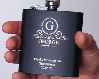 Groomsmen Best Man Usher Groom Gift Personalised Matte Black 6oz Hip Flask. OMG12-HIPBLK