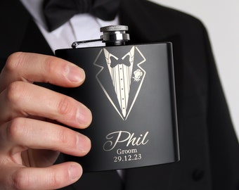 Tuxedo Groomsmen Best Man Usher Groom Gift Personalised Matte Black 6oz Hip Flask. OMG8-HIPBLK