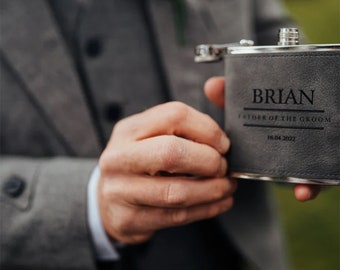 Groomsmen Best Man Usher Groom Gift Personalised Grey PU Leather 6oz Hip Flask.