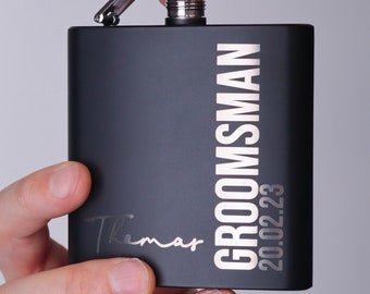 Groomsmen Best Man Usher Groom Gift Personalised Matte Black 6oz Hip Flask.