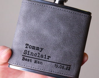 Groomsmen Best Man Usher Groom Gift Personalised Grey PU Leather 6oz Hip Flask.