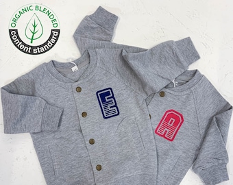 Personalised Kid's Organic Bomber Jacket Children's Trendy Coat With Initial