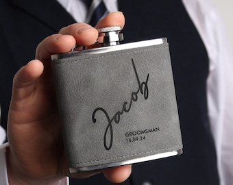Groomsmen | Best Man | Usher | Groom Gift Ideas | Personalised Grey PU Leather 6oz Hip Flasks | Perfect For The Big Day.