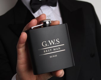 Cadeau de marié Best Man Usher Groomsmen Flasque personnalisée noir mat de 6 oz.