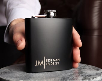 Groomsmen Best Man Usher Groom Gift Personalised Matte Black 6oz Hip Flask.