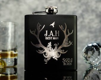 BEST MAN Groomsmen Usher Groom Gifts Personalised STAG Antler Design Matte Black 6oz Hip Flask