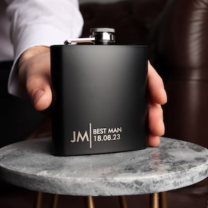 Groomsmen Best Man Usher Groom Gift Personalised Matte Black 6oz Hip Flask.