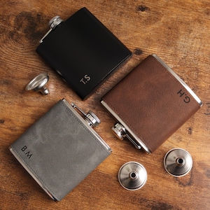 Groomsmen Best Man Usher Groom Gift Ideas Personalised Brown PU Leather 6oz Hip Flasks | Perfect For The Big Day.