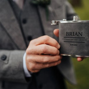 Groomsmen Best Man Usher Groom Gift Personalised Grey PU Leather 6oz Hip Flask.