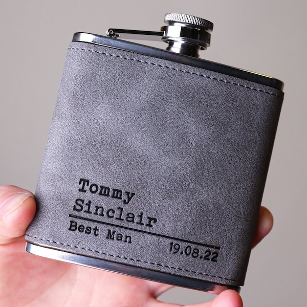 Groomsmen Best Man Usher Groom Gift Personalised Grey PU Leather 6oz Hip Flask.