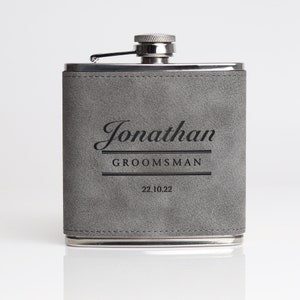 Groomsmen Best Man Usher Groom Gift Personalised Grey PU Leather 6oz Hip Flask.