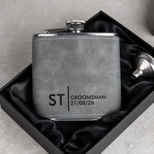 Groomsmen Best Man Usher Groom Gift Personalised Matte Black 6oz Hip Flask. Grey Flask Gift Box