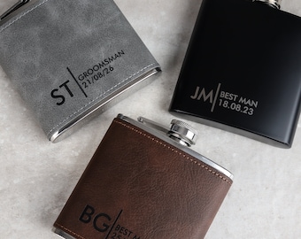 Timeless Tokens: Personalised Groomsman, Best Man, Usher, Hipflasks in Matte Black, PU Brown, and PU Grey Leather.