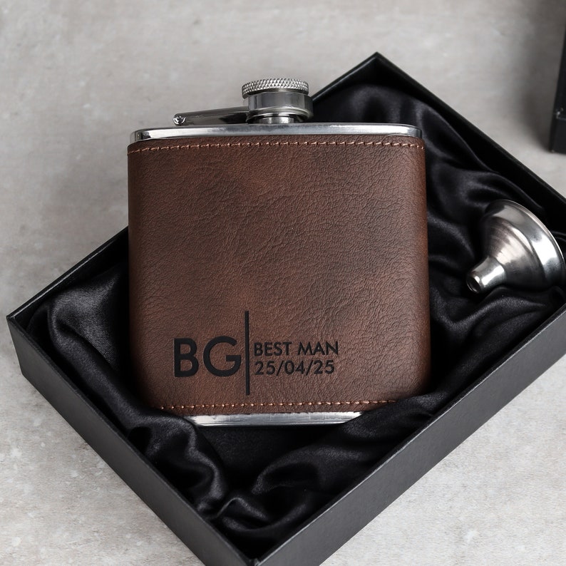 Groomsmen Best Man Usher Groom Gift Personalised Matte Black 6oz Hip Flask. Brown Flask Gift Box