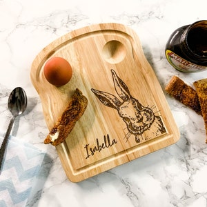 Easter Bunny Personalised Dippy Egg Breakfast Board With a Bunny Design Easter Gift Making Breakfast Time Fun For Kids.