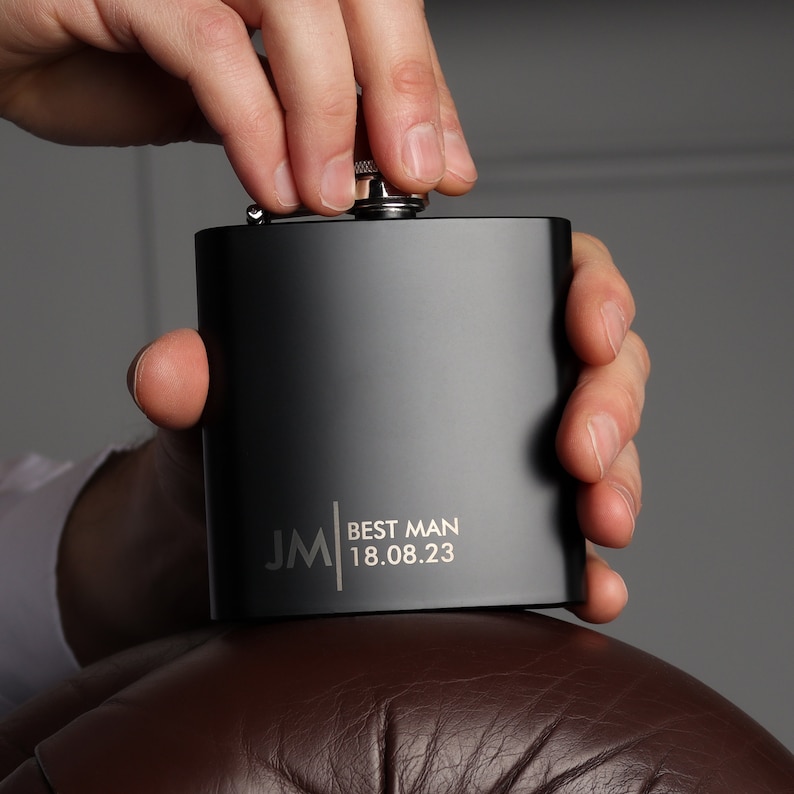 Groomsmen Best Man Usher Groom Gift Personalised Matte Black 6oz Hip Flask. image 3