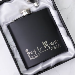 Groomsmen Best Man Usher Groom Gift Personalised Matte Black 6oz Hip Flask. OMG4-HIPBLK