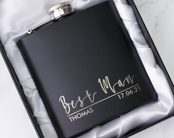 Groomsmen Best Man Usher Groom Gift Personalised Matte Black 6oz Hip Flask. OMG4-HIPBLK