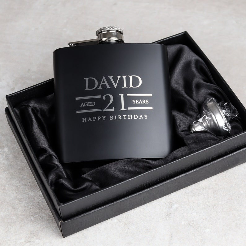 21st Birthday Gift A Personalised 6oz Matte Black Hip Flask, Birthday Celebration Gift image 1