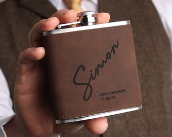 Personalised Groomsmen, Best Man, Usher, Gift for the Groom Brown PU Leather 6oz Hip Flask