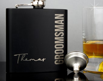 Best Man Gift, Usher Groom Groomsmen Gifts Personalised Matte Black 6oz Hip Flasks.