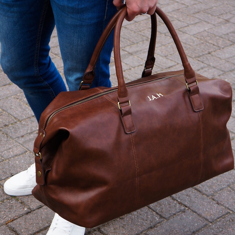 Classic Personalised Nuhide PU Leather Weekender Holdall Bag, Perfect Gift Idea For Him This Christmas, Birthday Or Father's Day Tan Bag Gold Text