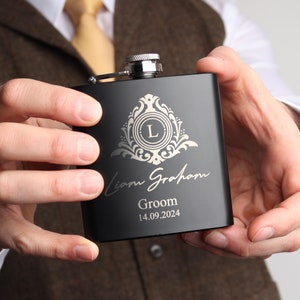 Groomsmen Best Man Usher Groom Gift Personalised Matte Black 6oz Hip Flask. OMG11-HIPBLK image 1