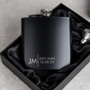 Groomsmen Best Man Usher Groom Gift Personalised Matte Black 6oz Hip Flask. Black Flask Gift Box