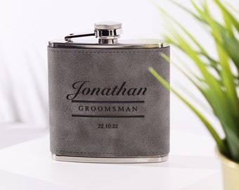 Padrinos de boda Best Man Usher Groom Gift Petaca de cuero de PU gris personalizada de 6 oz.