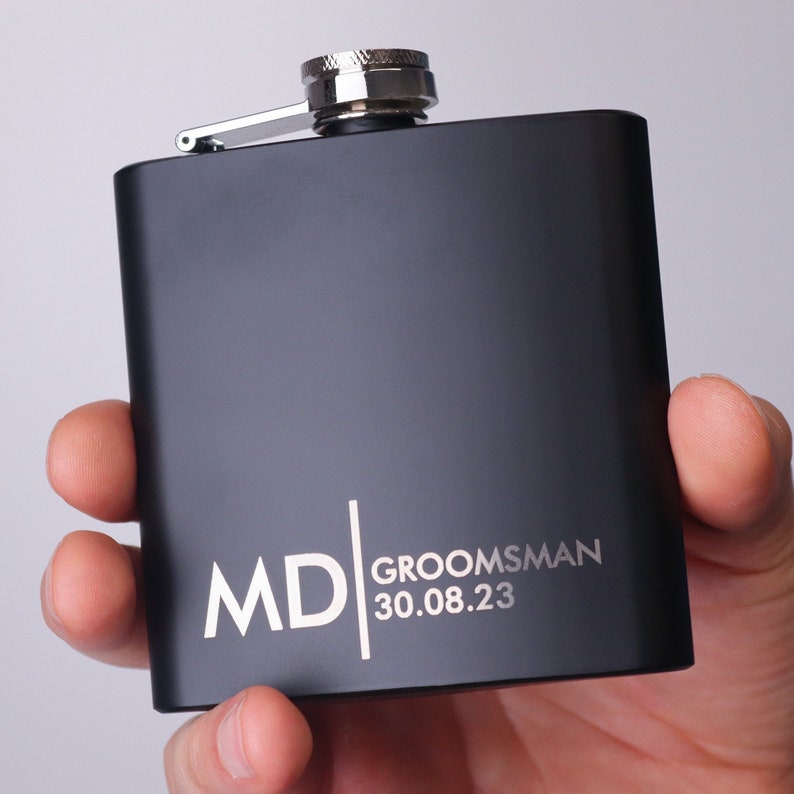 Groomsmen Best Man Usher Groom Gift Personalised Matte Black 6oz Hip Flask. image 5