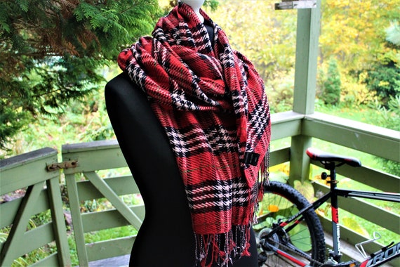 Vintage red white black scarf plaid square with f… - image 4