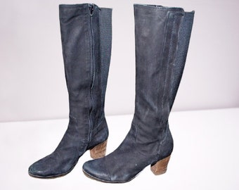 Vintage black suede leather boots women high knee heels gift for her Size 38 EU/ 5 UK/ 7.5 US