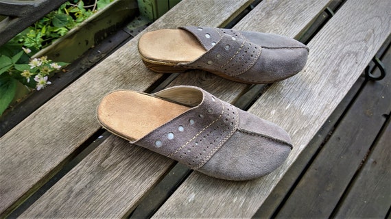 Vintage grey suede leather shoes clogs mules slip… - image 4