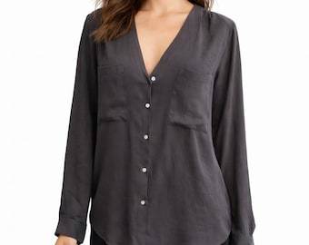 Black satin blouse vintage shirt women top Size 40 EU/ M